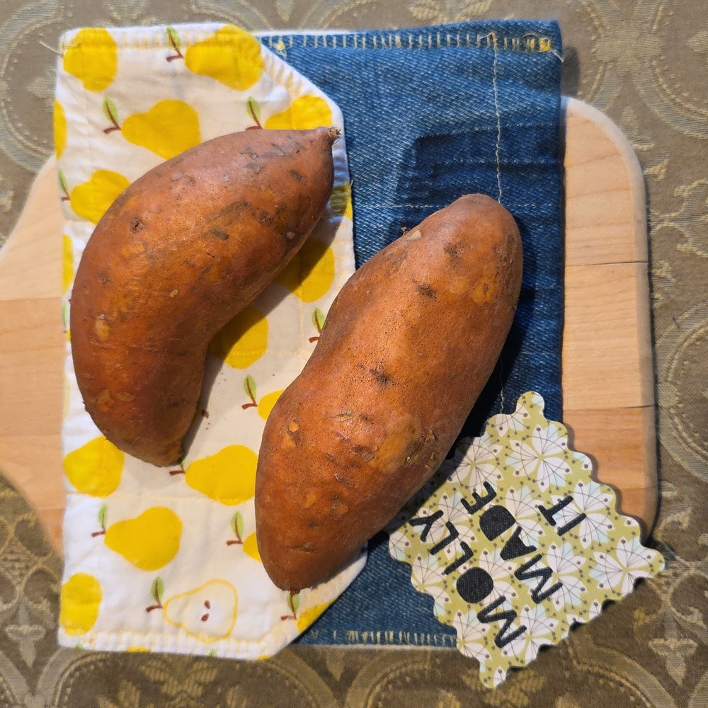 HAND CRAFTED Potato Pouch Microwave UPCYCLED Blue Denim Yellow Pear 8.5 Inch